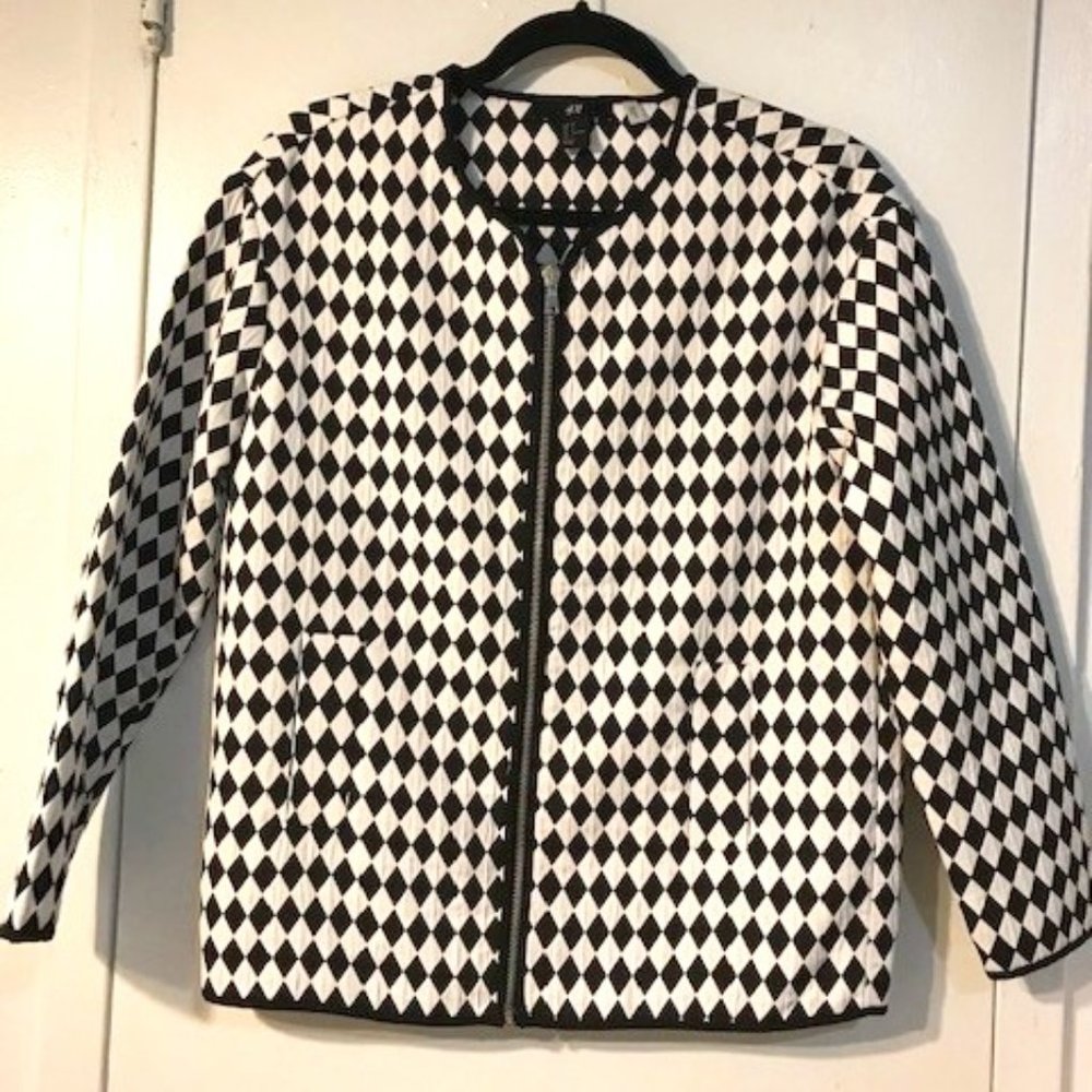 H&M  Black and White Jacquard Zipper Bomber Jacket in Kite Print